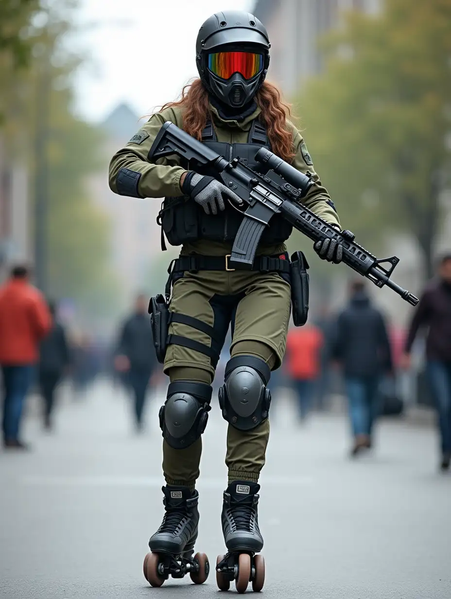 a 17 year old airsoft geared woman at a distance, she is skating on a street, holding a weapon, ordinary people in background, clothes have racing colors, she is wearing lots of functional sportswear, cycling gloves, airsoft helmet with transparent visor over eyes, smartwatch, thick plastic knee pads, modern inline skates with complete organized wheels