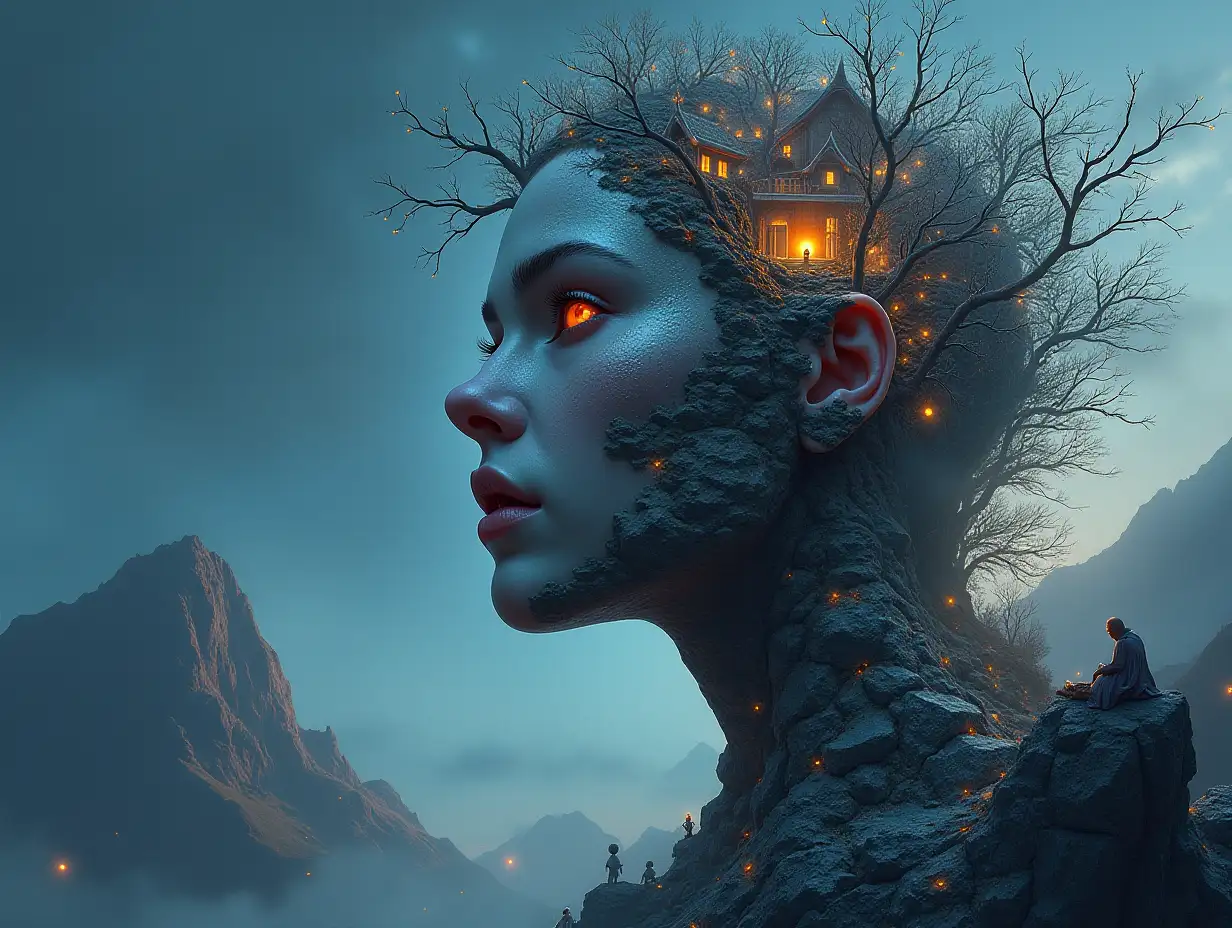 Creating a digital painting of a face with hair transforming into a building with silver stones and illuminated trees with branches and lantern and alien beings on a mountain