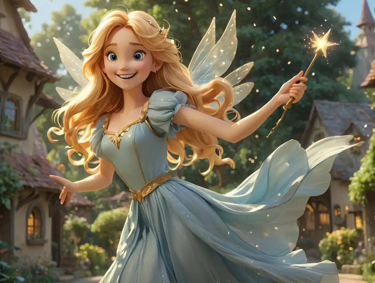 A wide-angle scene shows a fairy with long golden hair and wings, wearing a light blue dress and smiling kindly as she waves her magic wand. Light and sparkles emanate from the tip of the wand. Behind the fairy is a beautiful village surrounded by lush, beautiful trees., 3d disney inspire