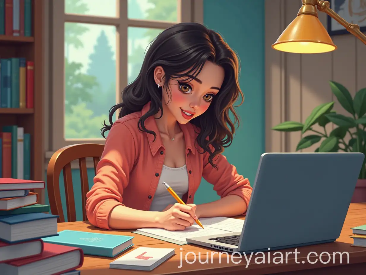 Girl-Writing-Fanfics-with-Books-and-Notes-in-a-Cheerful-Atmosphere
