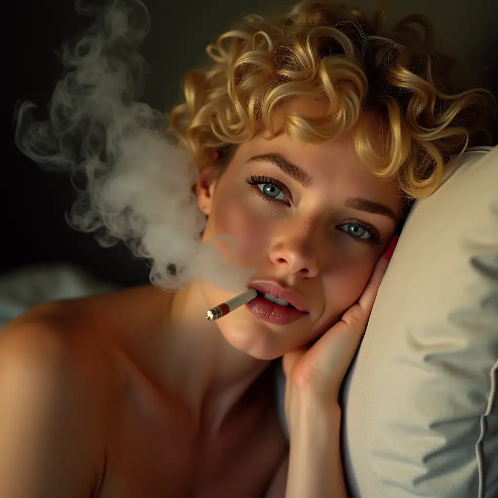 Face portrait of a voluptuous and flirtatious 30 years old blue-eyed, blonde Russian woman, with short curly blonde hair, smoking a cigarette, holding a cigarette in her mouth, and billowing a massive cloud of smoke through her mouth against a warm light. She is resting her head on one side on a pillow. She smiles. Picture taken from a very close distance. She has red nail polish. 35mm, portrait, highly photo realistic.