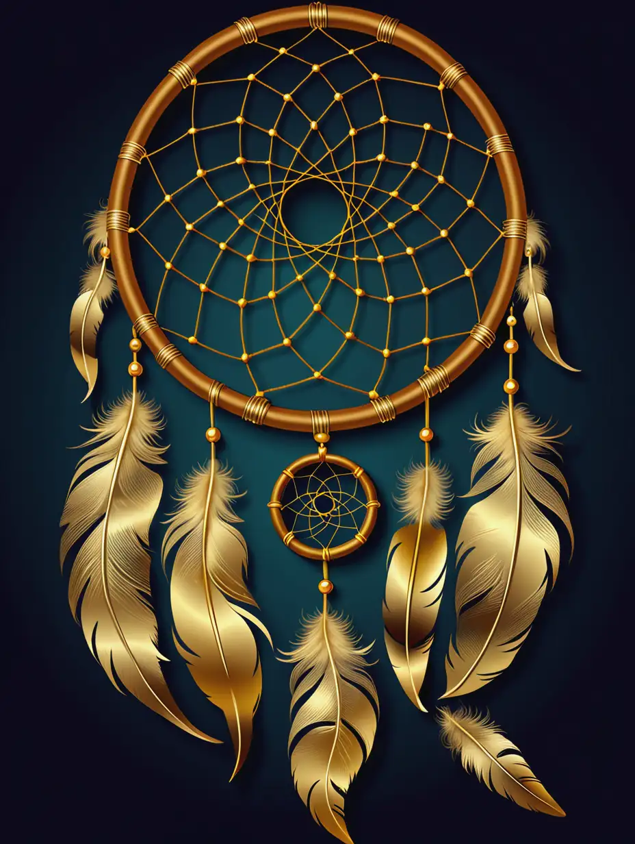 A dreamcatcher with golden feathers and symbols of prosperity.