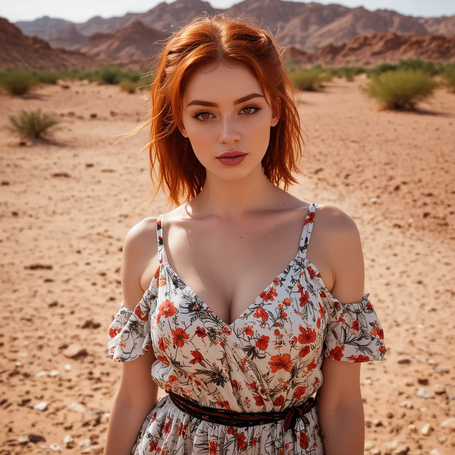 beautiful redhead girl with big breasts, brown eyes and lipstick, she is near an oasis in a desert and she wearing a dress, her hair is tied up