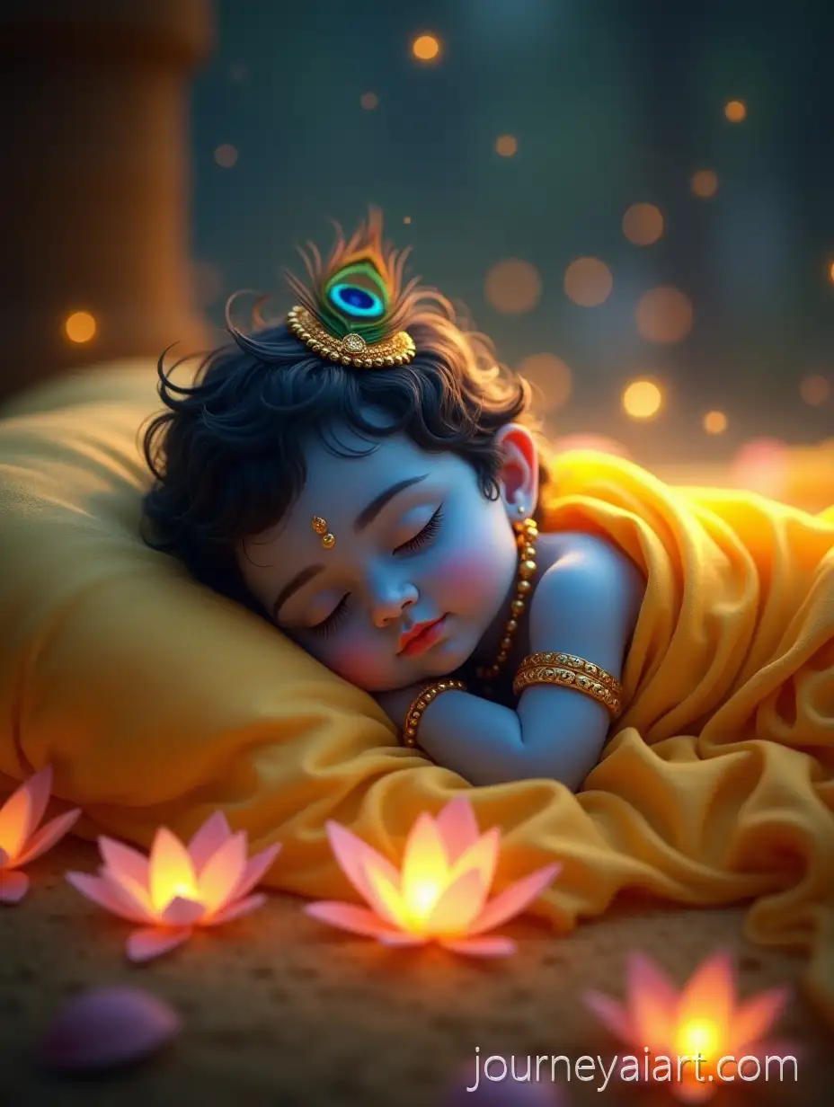 Baby-Lord-Krishna-Sleeping-PeacefullyBaby-Lord-Krishna-Artwork-on-Golden-Pillow-with-Cosmic-Lotus-Petals