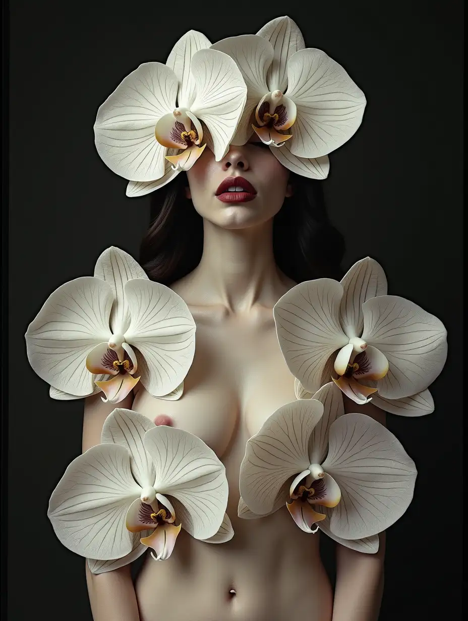 Surreal-Portrait-of-Woman-Draped-in-Orchid-and-Peony-Flowers-with-Shattered-Mirror-Reflection