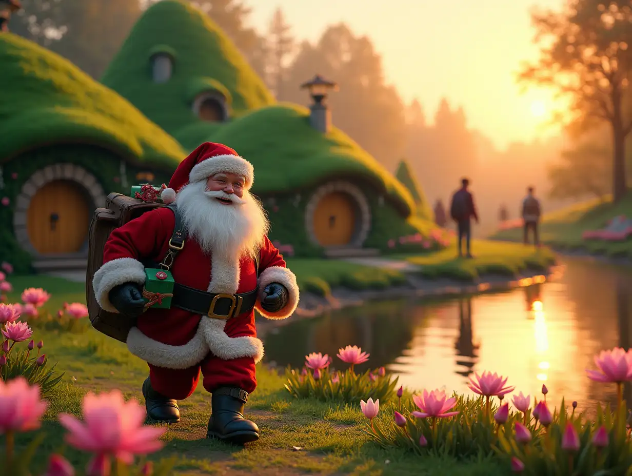 A cheerful and smiling Santa Claus with gifts is walking energetically near the hobbit houses, which are made in the form of 3 green low and gentle hills, each hill has one round door and one round window, the hobbit houses are located on the shore of a huge eco-pond with lots of pink water lilies, and on the other side of this pond there are people walking along the shore cheerful people of different ages, trees grow on the other bank, on which bright garlands shine. at sunset and in the reflections of the sunset light, the foreground is in focus, and the background is blurred, executed in a realistic style.