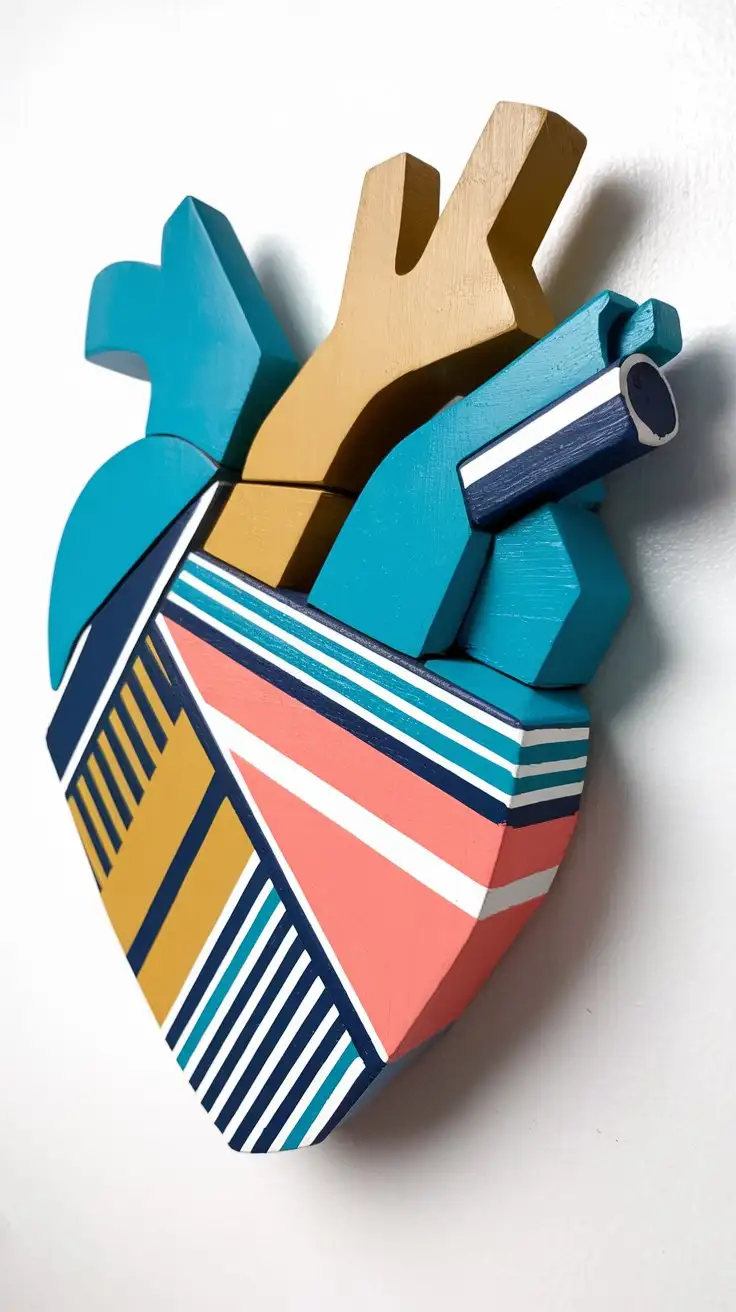 Modern-Wooden-Heart-with-Geometric-Patterns-in-Bold-Turquoise-Mustard-Yellow-and-Coral