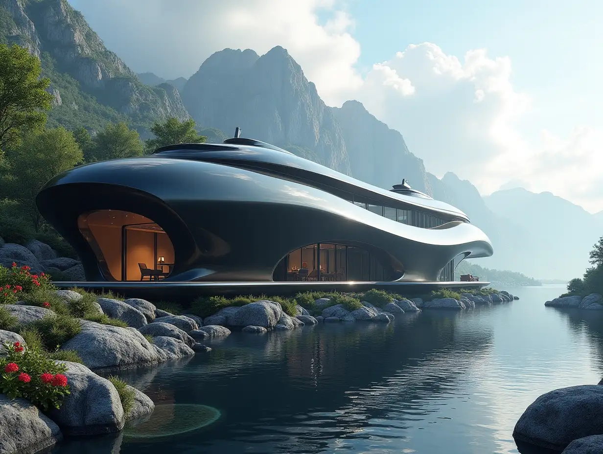 Create a high-resolution realistic image in 4k resolution a futuristic black Building with curved pillars, mountains large trees, rocks flowers a futuristic big white Yacht with glass window cloudy Sky