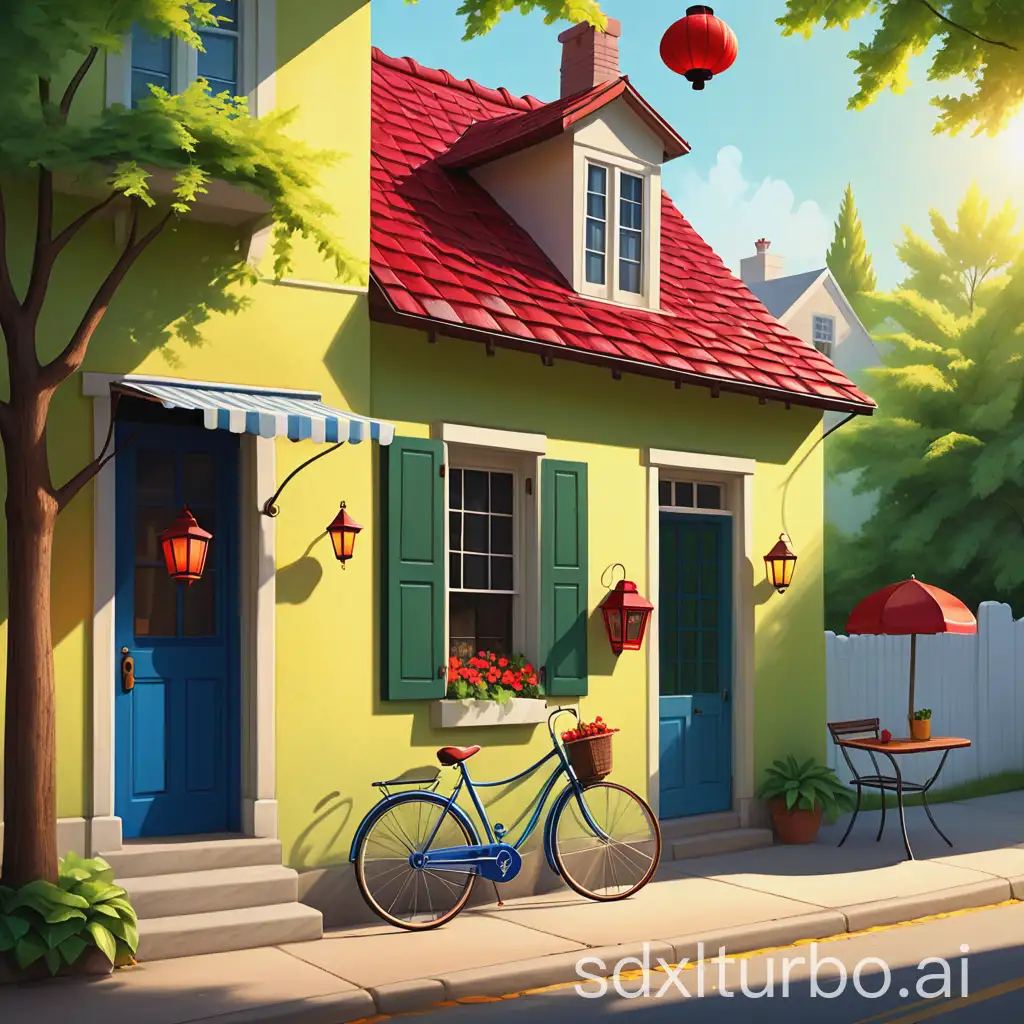 Quaint-Sunlit-Street-with-Charming-Yellow-House-and-Vibrant-Bicycle