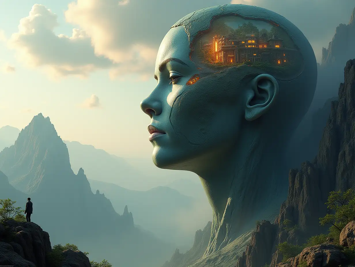 Create for me a photorealistic image of Paradise, face transformed into a building on a high mountain on another planet with an alien