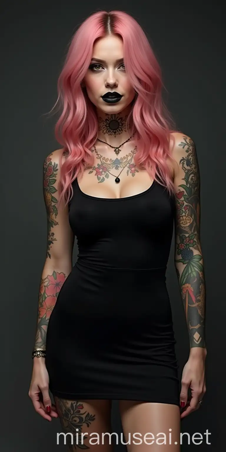 Photorealistic Portrait of a Beautiful Woman with Faded Pink Hair and Colorful Tattoos