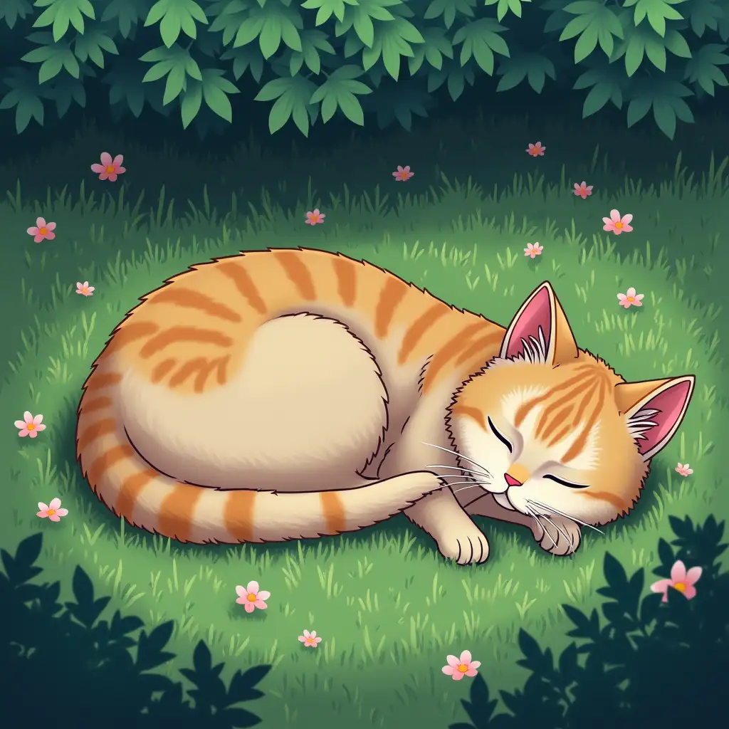 Cat sleep in garden ghibli anime style