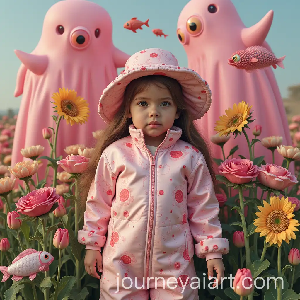 Girl-and-Baby-in-Marble-Suits-at-Surreal-Pink-Flower-Garden-with-Extraterrestrial-Creatures-and-Floating-Balloons