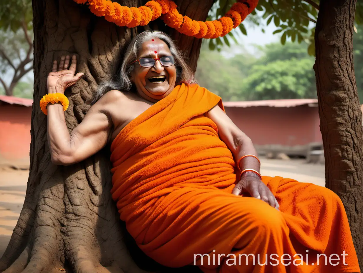 Elderly Indian Hindu Woman Monk Sleeping Under Ashram Tree