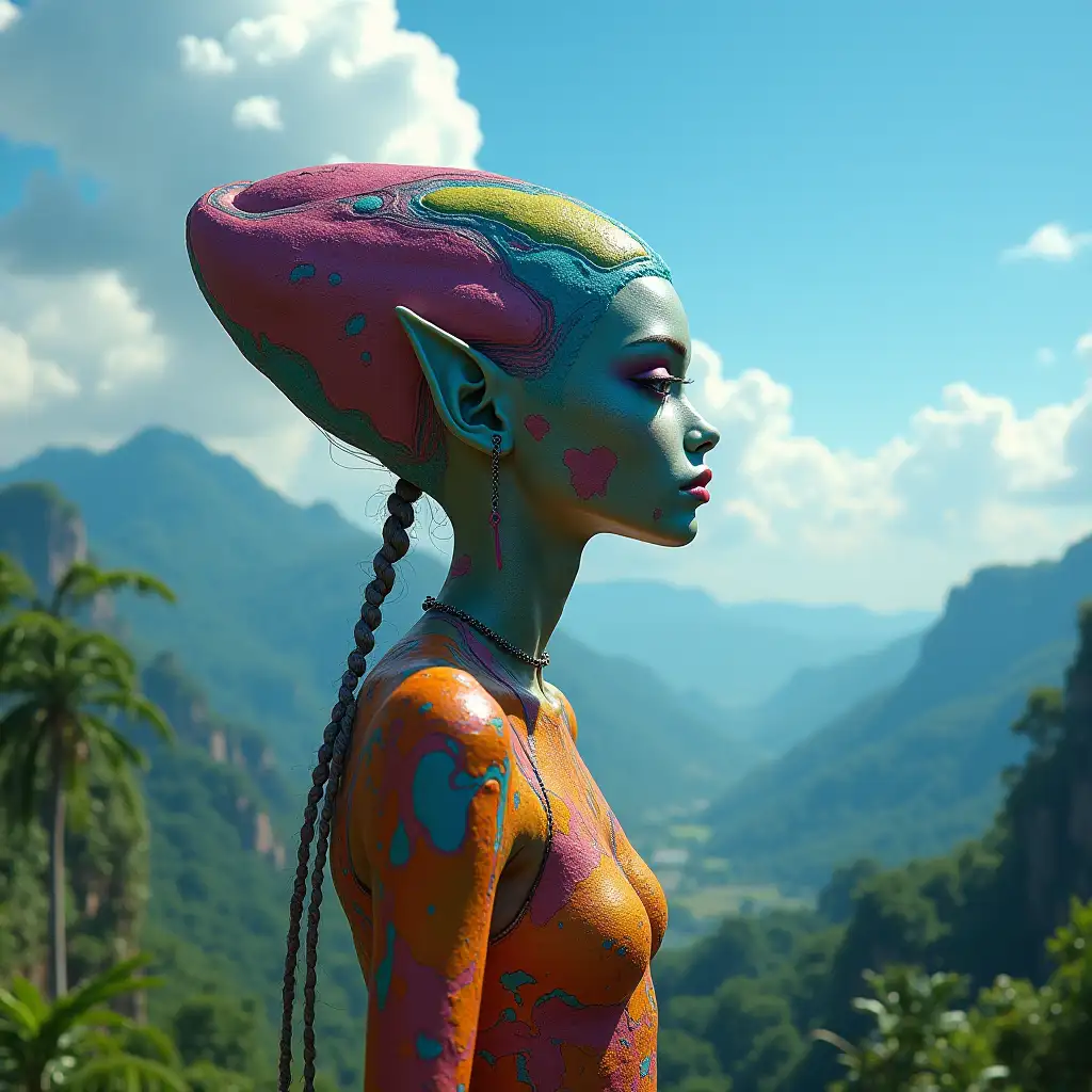 Colorful skin of an alien woman on a planet with rainforest, looking at blue cloud skies with a glance into the distance