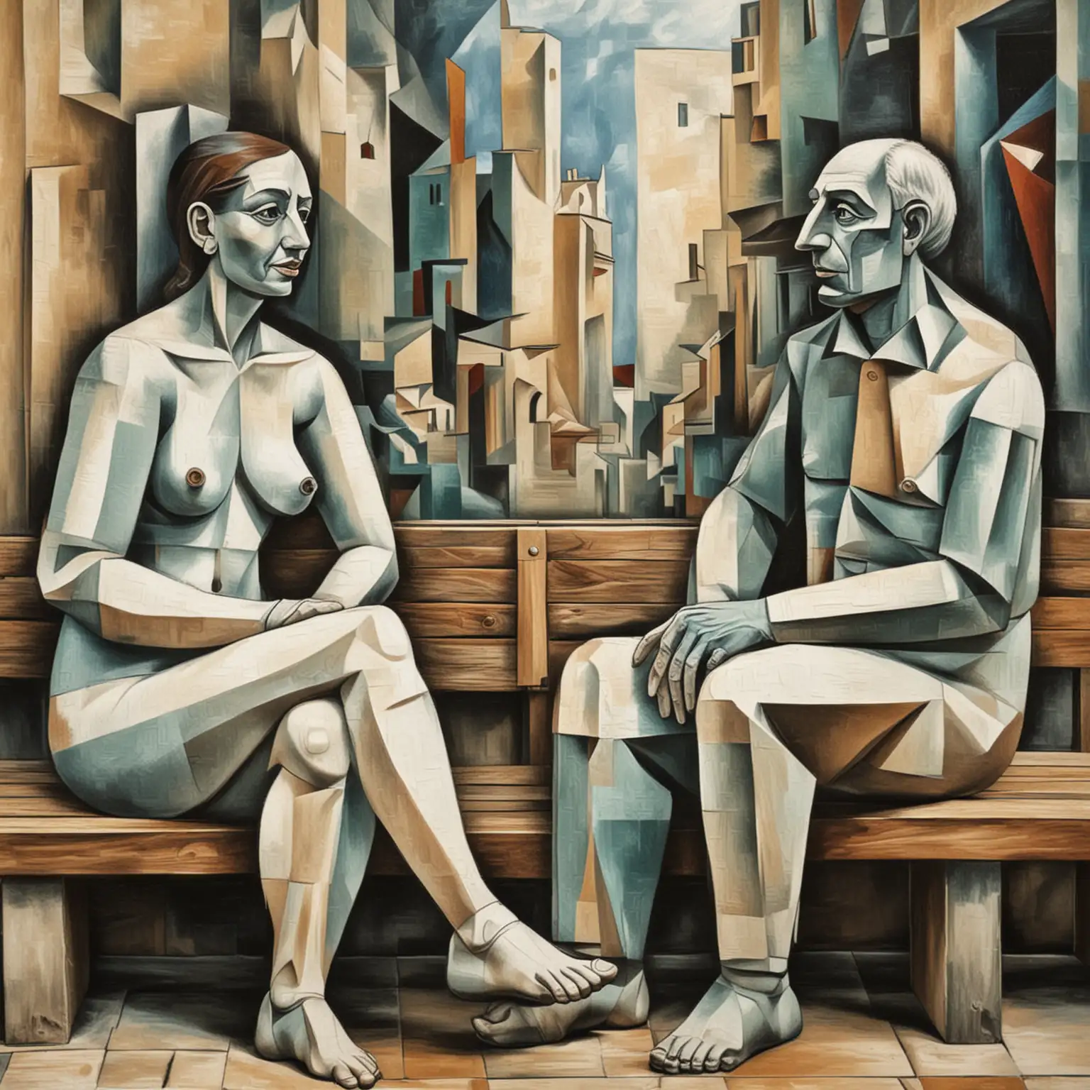 Sitting on Bench with Picasso in Cubist Gesture