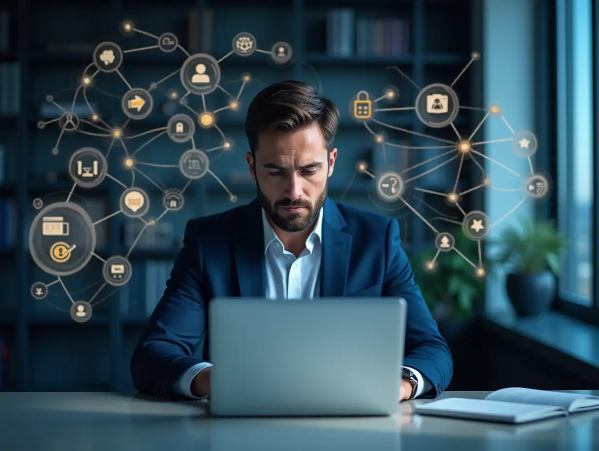 A hyperrealistic photograph of a determined lawyer working on a laptop in a modern office. Surrounding him is a complex digital network of icons and connections, representing the platform's ability to manage various aspects of a law office, such as case management, client communication, data security, and more. The color palette should consist of deep indigo/purple-blue, white, and light gold, conveying professionalism, expertise, and technological innovation. The entire image should have a photorealistic quality, with a focus on detail and realism.
