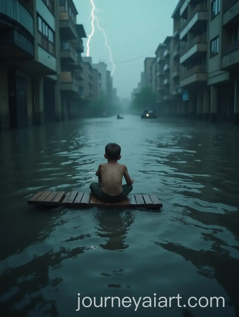 Baby-Boy-Drifted-on-Wooden-Plank-in-City-Flood-During-Heavy-Rain-and-Lightning