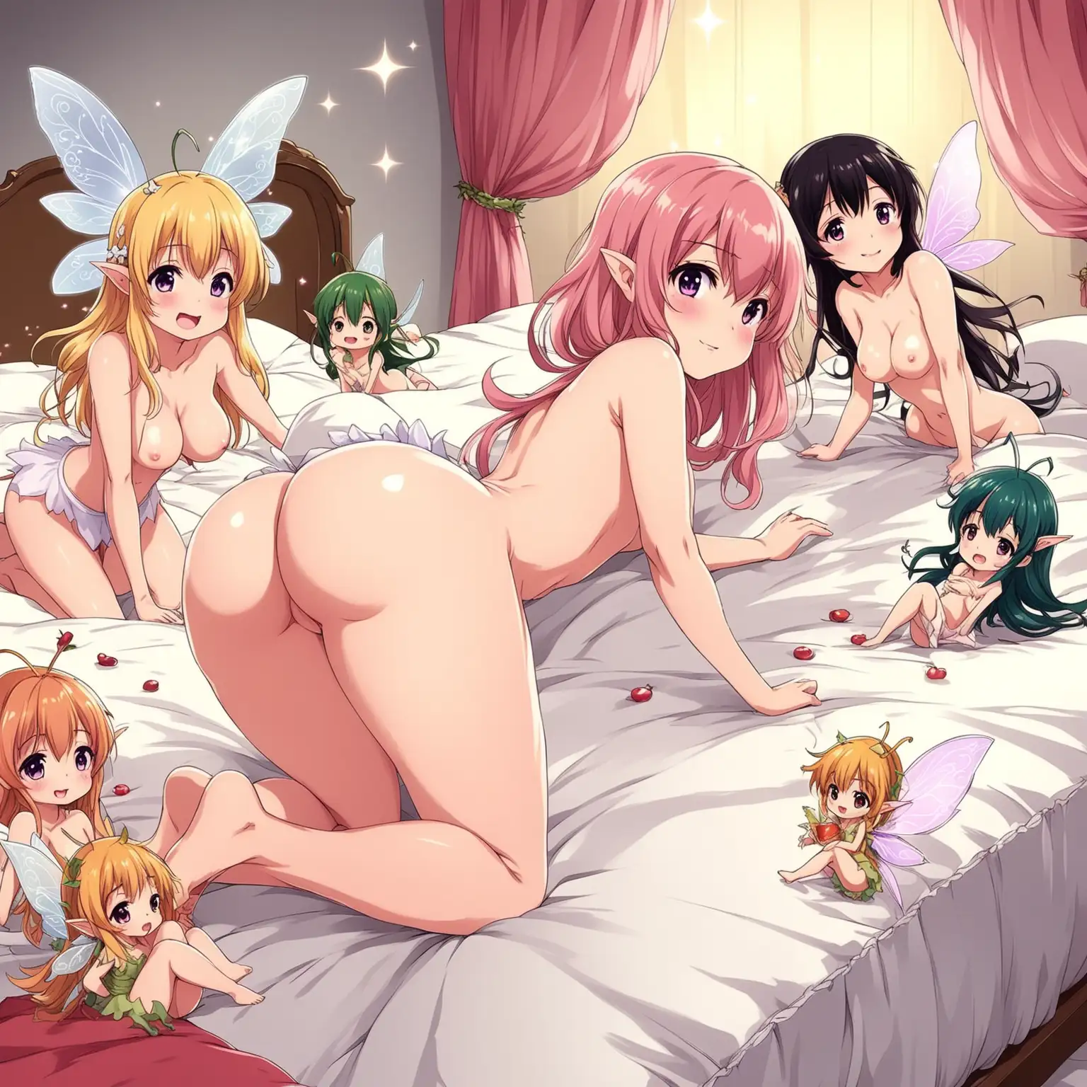 Fairies on bed. Temptation. Invitation. Butt. Cute anime illustrations