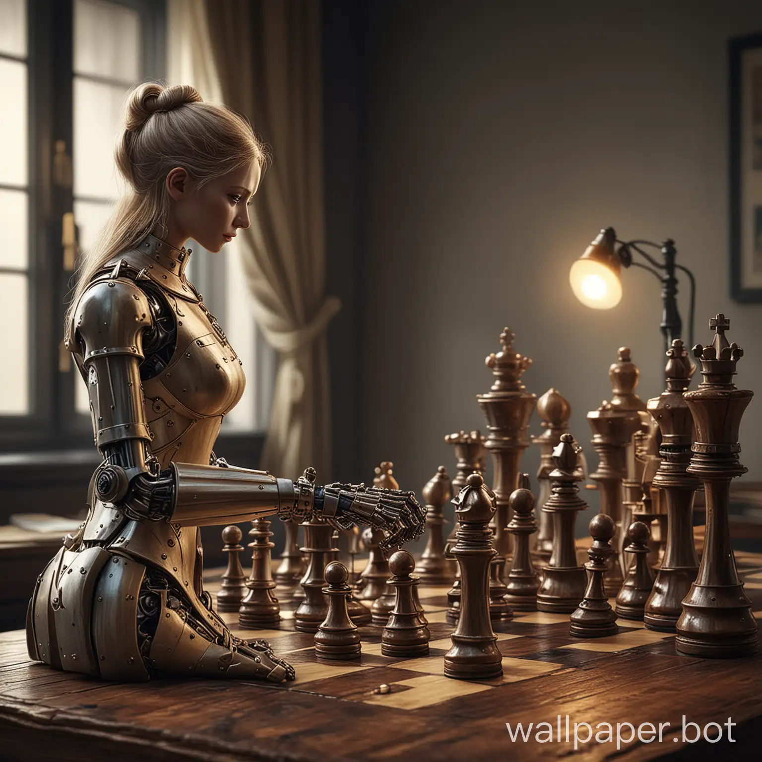 Create a high-resolution wallpaper of an AI agent playing chess. The scene should be highly detailed and realistic. The AI agent should be a humanoid robot with a sleek, modern design, sitting at a polished wooden chessboard. The chess pieces should be intricately designed, made of polished wood and metal, and arranged as if in the middle of an intense game. The background should feature a cozy study room with bookshelves, a desk lamp casting a warm glow, and a window letting in soft daylight. The overall atmosphere should be intellectual and sophisticated, with a focus on high detail and realism.