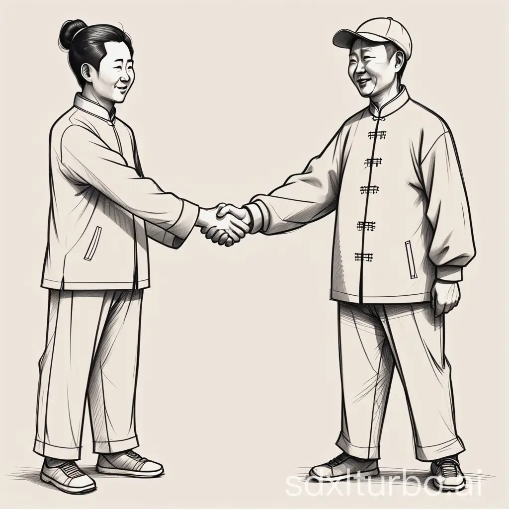 Full-Body-Sketches-of-Two-Chinese-People-Shaking-Hands