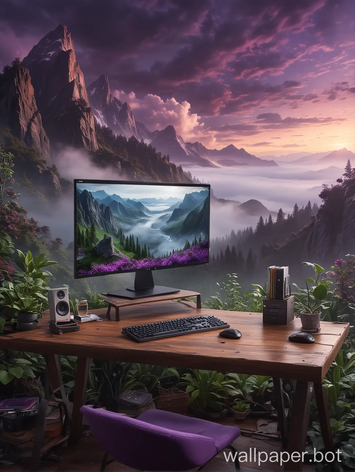 Create a highly realistic 4K 16:9 wallpaper using vivid, realistic HDR Dolby Vision colors. The scene should depict a computer desk with RGB lights in purple and green, situated atop a mountain enveloped in fog at night. Ensure the lighting is soft to evoke a sense of calmness, emptiness, and solitude. No people should be included in the image. The overall composition should exude a serene and tranquil atmosphere.