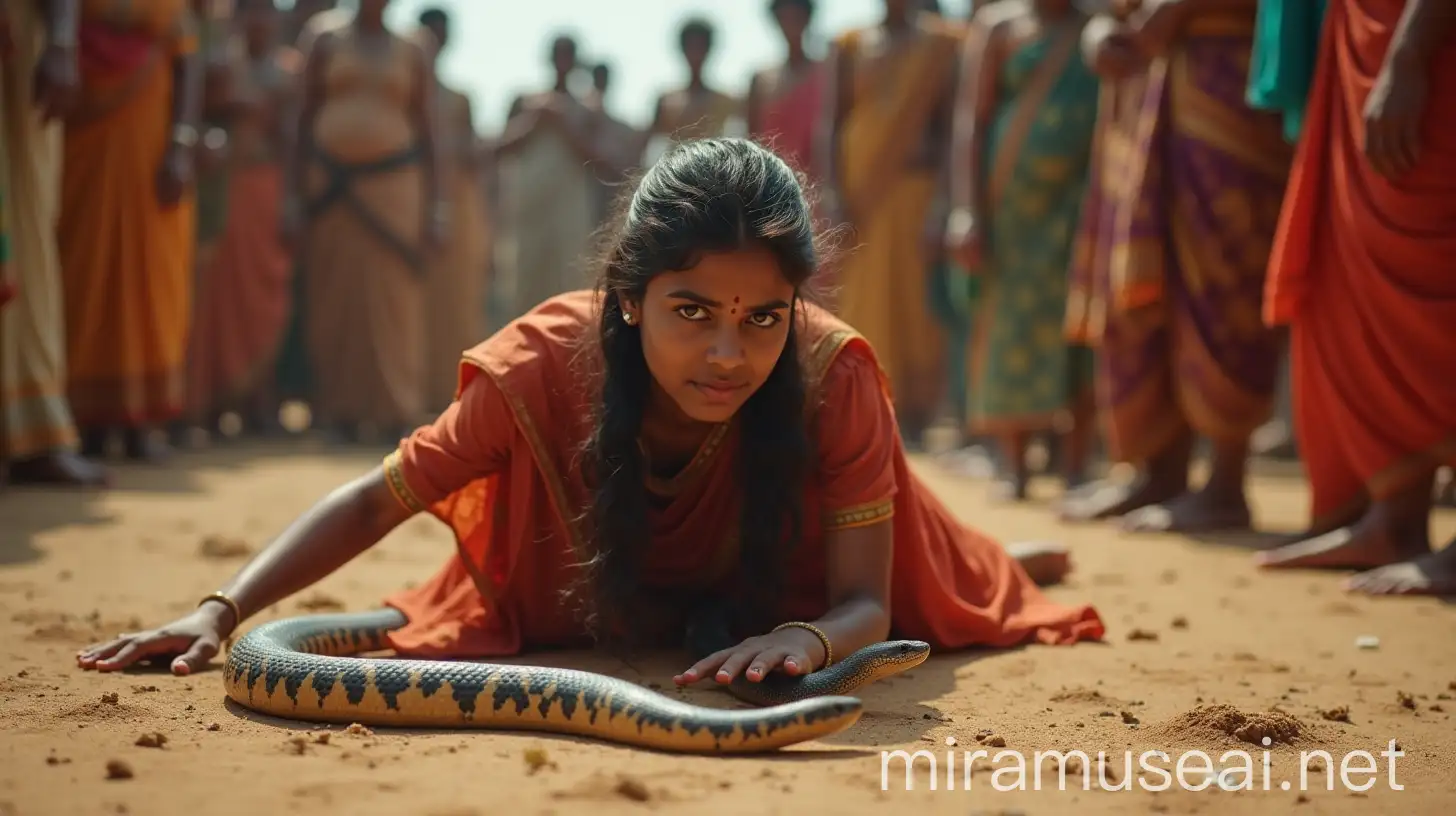 Hyper Realistic AI Image of an Indian Woman Crawling Like a Snake Among a Crowded Indian Market