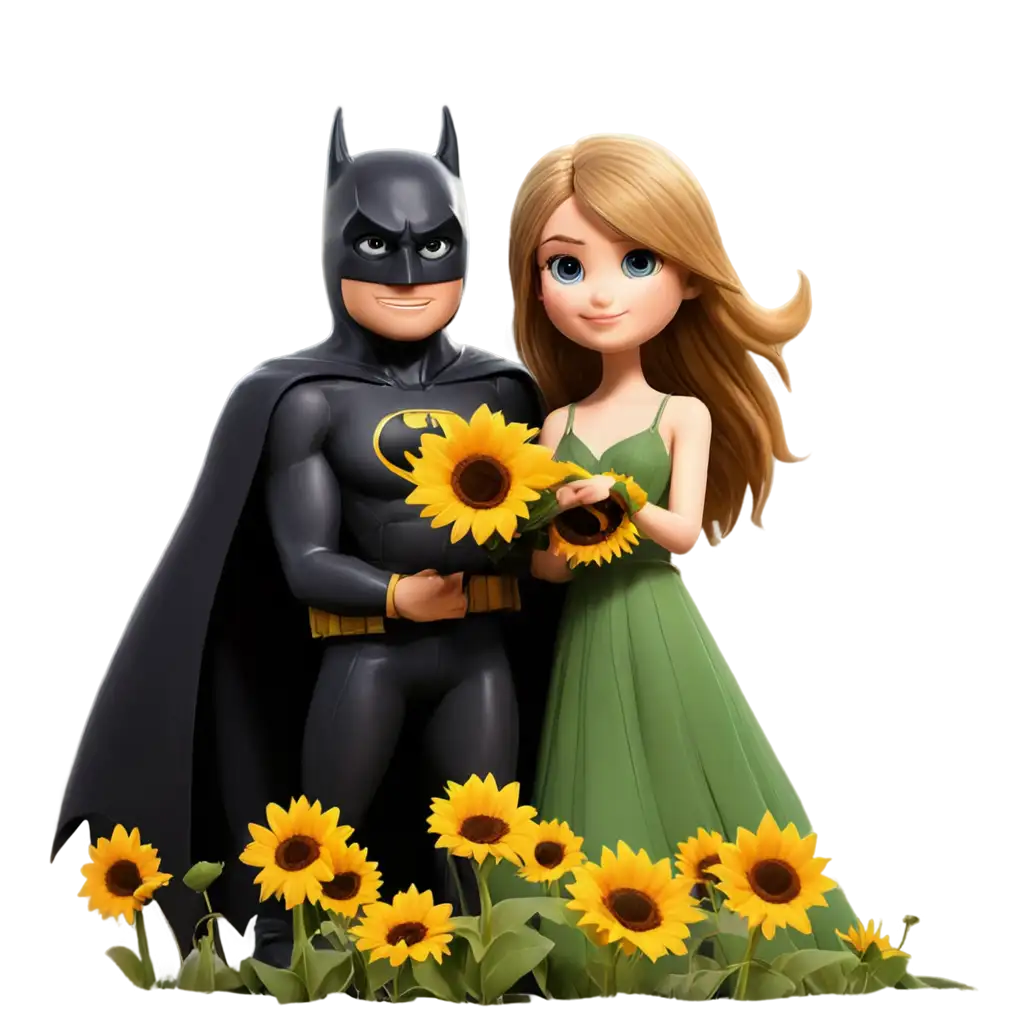 Create an animated scene featuring Batman and Taylor Swift as a romantic couple standing in a sunflower farm. They are accompanied by a cute Shih Tzu. The setting is bright and cheerful, with sunflowers in full bloom, and the couple looks happy and content.