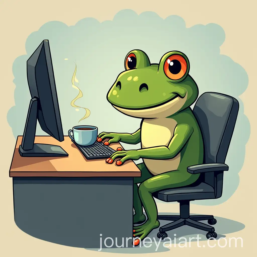 Smart-Frogman-Working-at-a-Computer-Desk-with-Coffee-in-a-Vector-Style