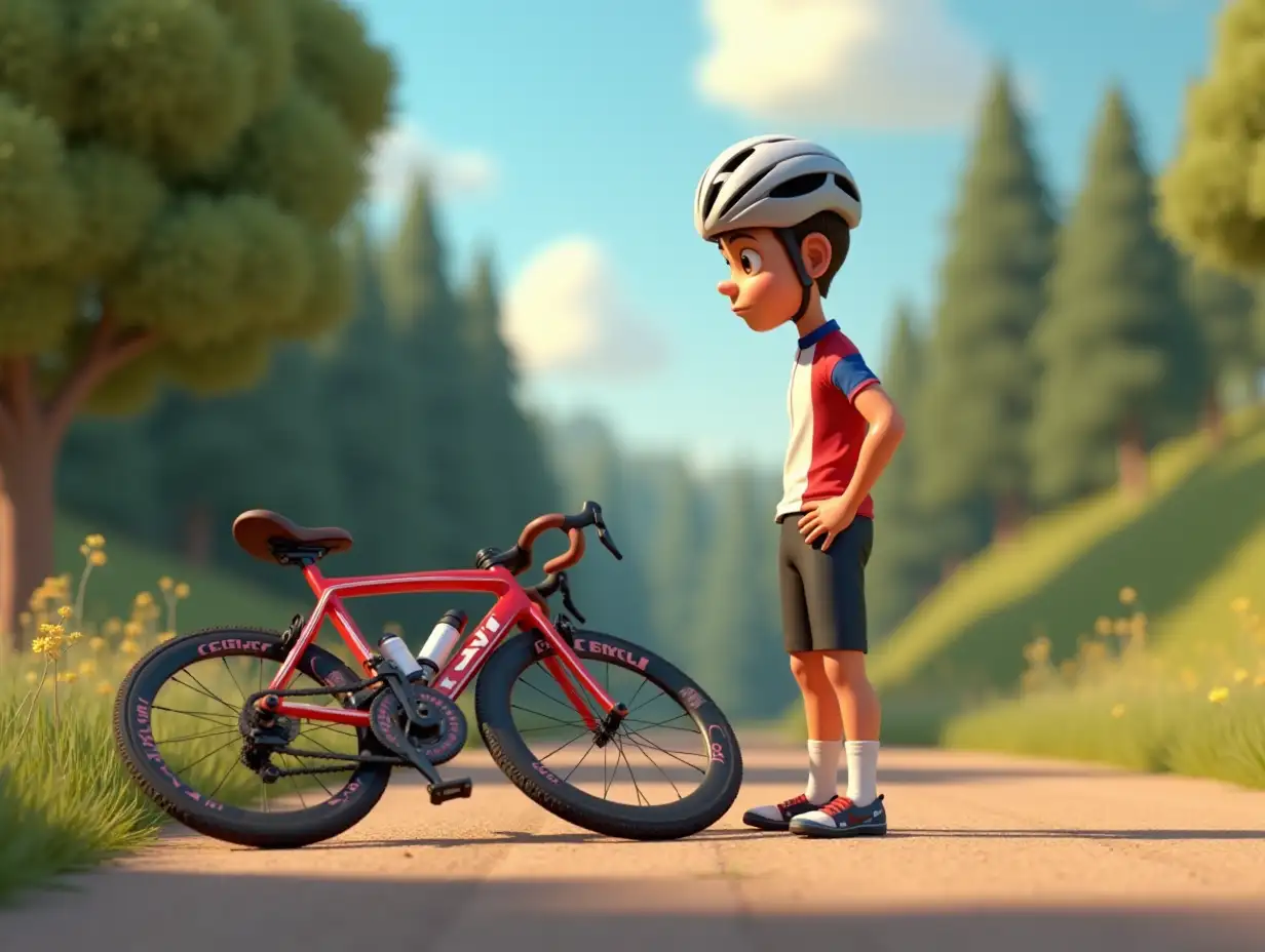 Racing-Cyclist-Standing-Beside-Crashed-Broken-Bike-in-PixarStyle-Animation