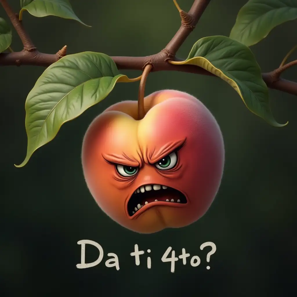 ultra realistic peach with a angry sad face hanging on a branch with leaves, under it the inscription Da ti 4to?