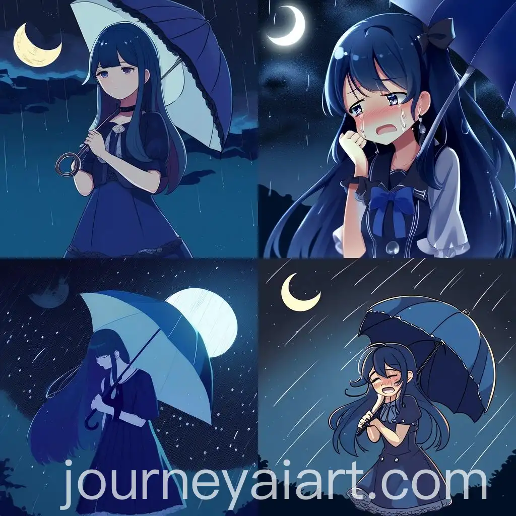 Lonely-Woman-Crying-Under-Moonlight-with-Navy-Blue-Umbrella-and-Dress