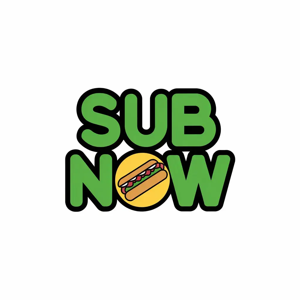 LOGO Design for SUB NOW Bold Green Yellow Circular Design with Playful Sub Sandwich Clipart