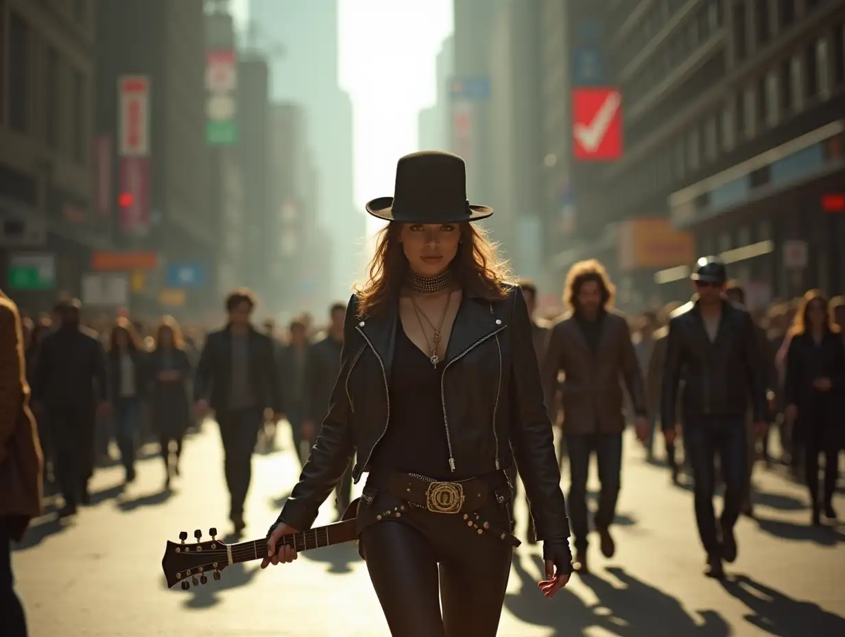 Steampunk-Diva-Striding-Through-a-Busy-City-Street-with-Guitar