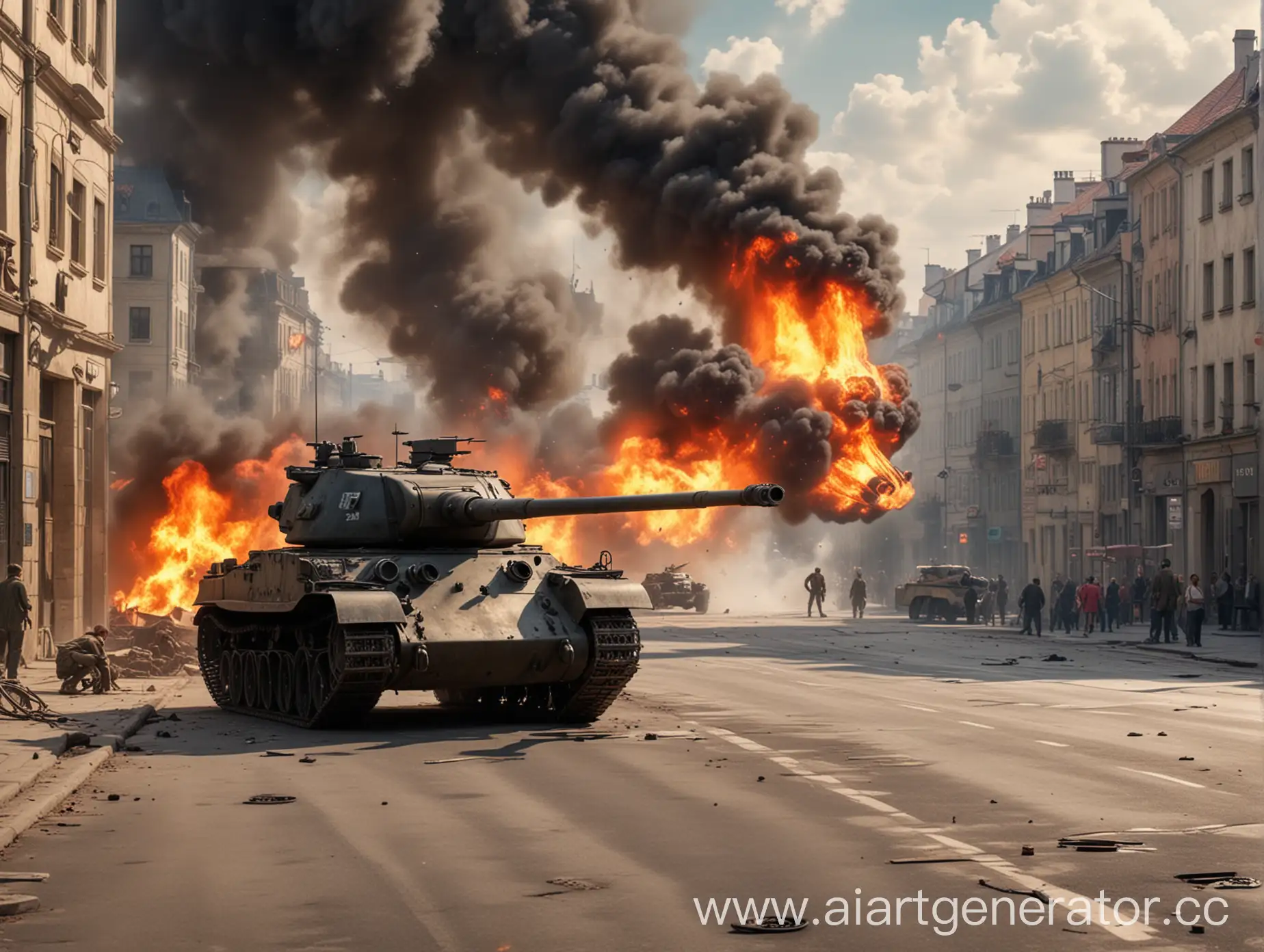 Burning-German-Tank-Attacks-T3485-in-Urban-Battle-Scene