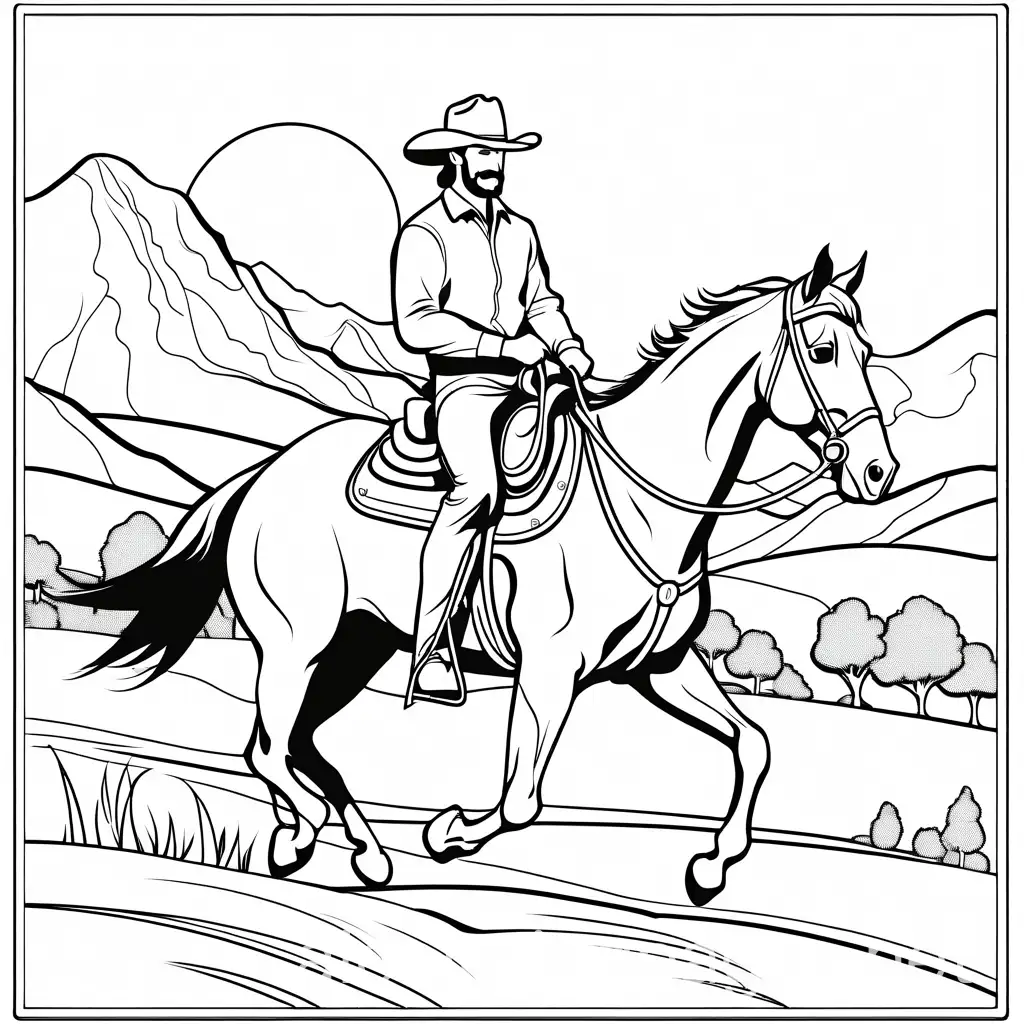 Cowboy riding horse, Coloring Page, black and white, line art, white background, Simplicity, Ample White Space. The background of the coloring page is plain white to make it easy for young children to color within the lines. The outlines of all the subjects are easy to distinguish, making it simple for kids to color without too much difficulty