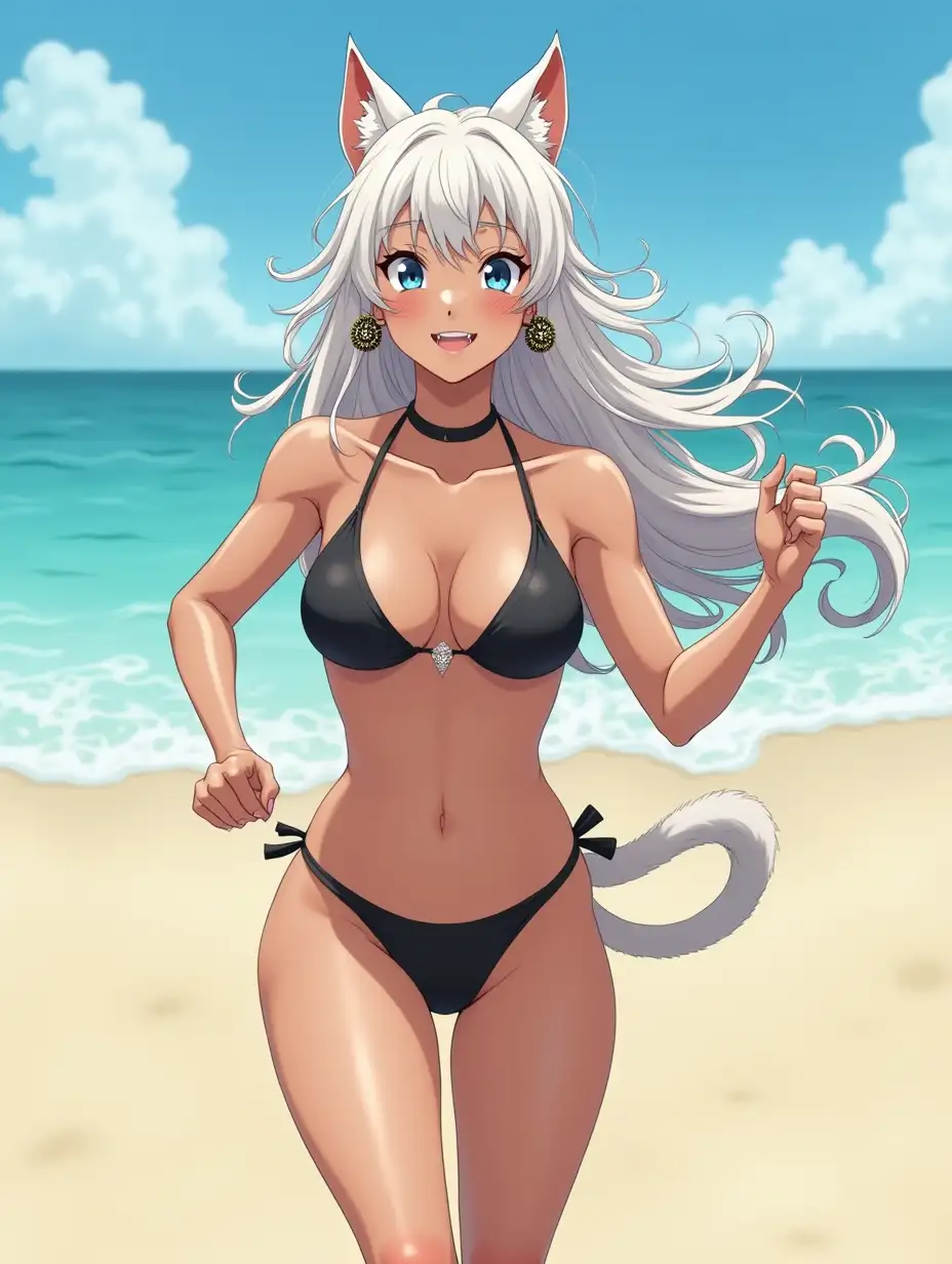 A mature adult feline/woman active running down a beach. Her 30-something years are disguised by her youthful facial features, except for her subtle wrinkles around the eyes. Her ample bosom strains against her bikini, extreme cleavage.  Wearing black shoes. She has piercing blue cat eyes. A choker adorns her neck, a subtle hint at her feline nature. Her long, white hair cascades down her back like a wild waterfall, tangled and disheveled. Her cat-like teeth glint in the light, as her white fur-lined ears punctuate her visage with sparkling black and gold earring adorns each ear, adding a touch of elegance to her feline features. Cat whiskers on her face. The attached tail at the base of her spine stirs lazily.  Long fingernails. Full view. Anime.