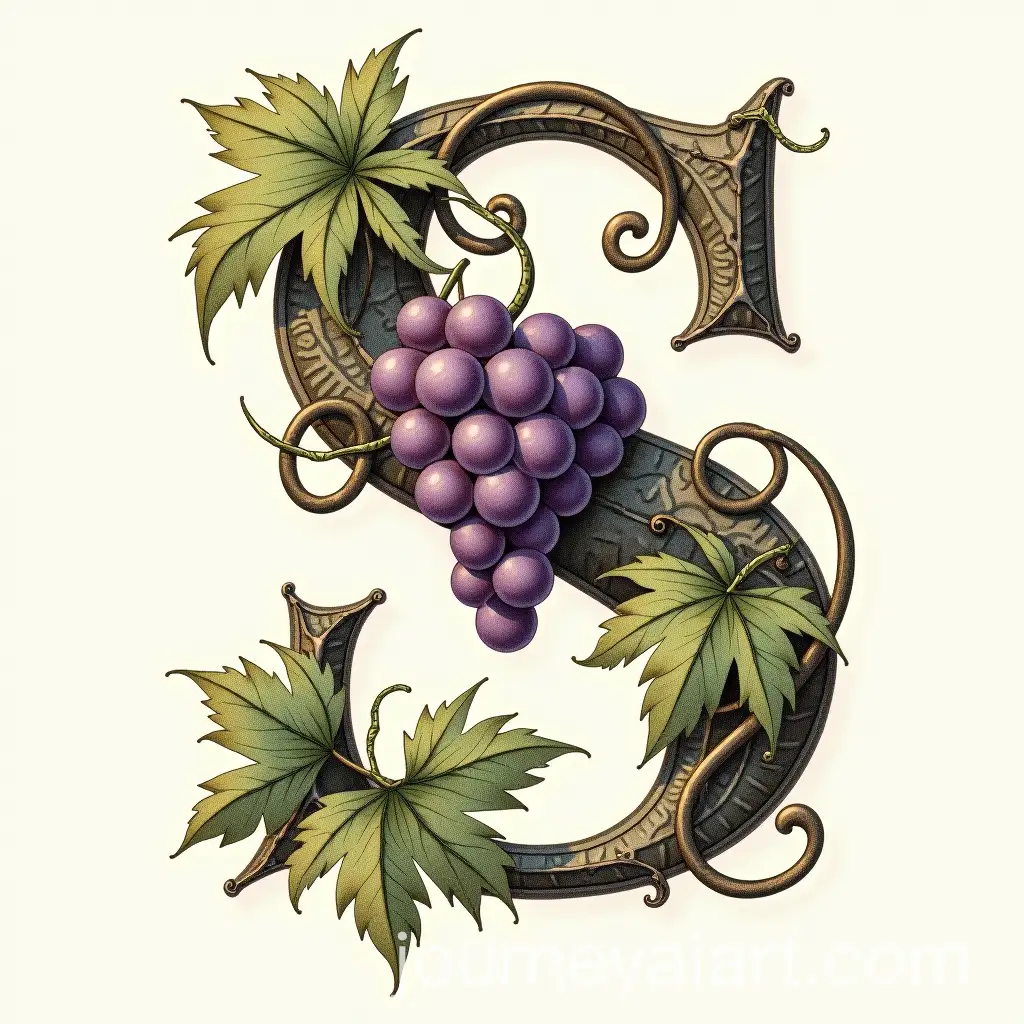 Illuminated-S-Letter-with-Grapes-and-Vine-Leaves-Surrounding-It