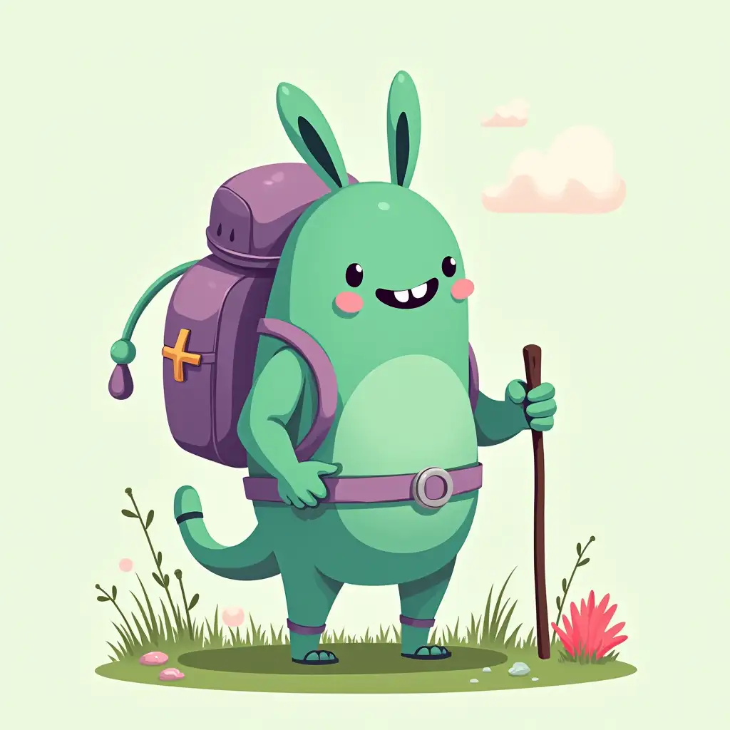 Hiker in the style of whimsical imaginative creatures, whimsical manga, group material, organic shapes, light green and light purple