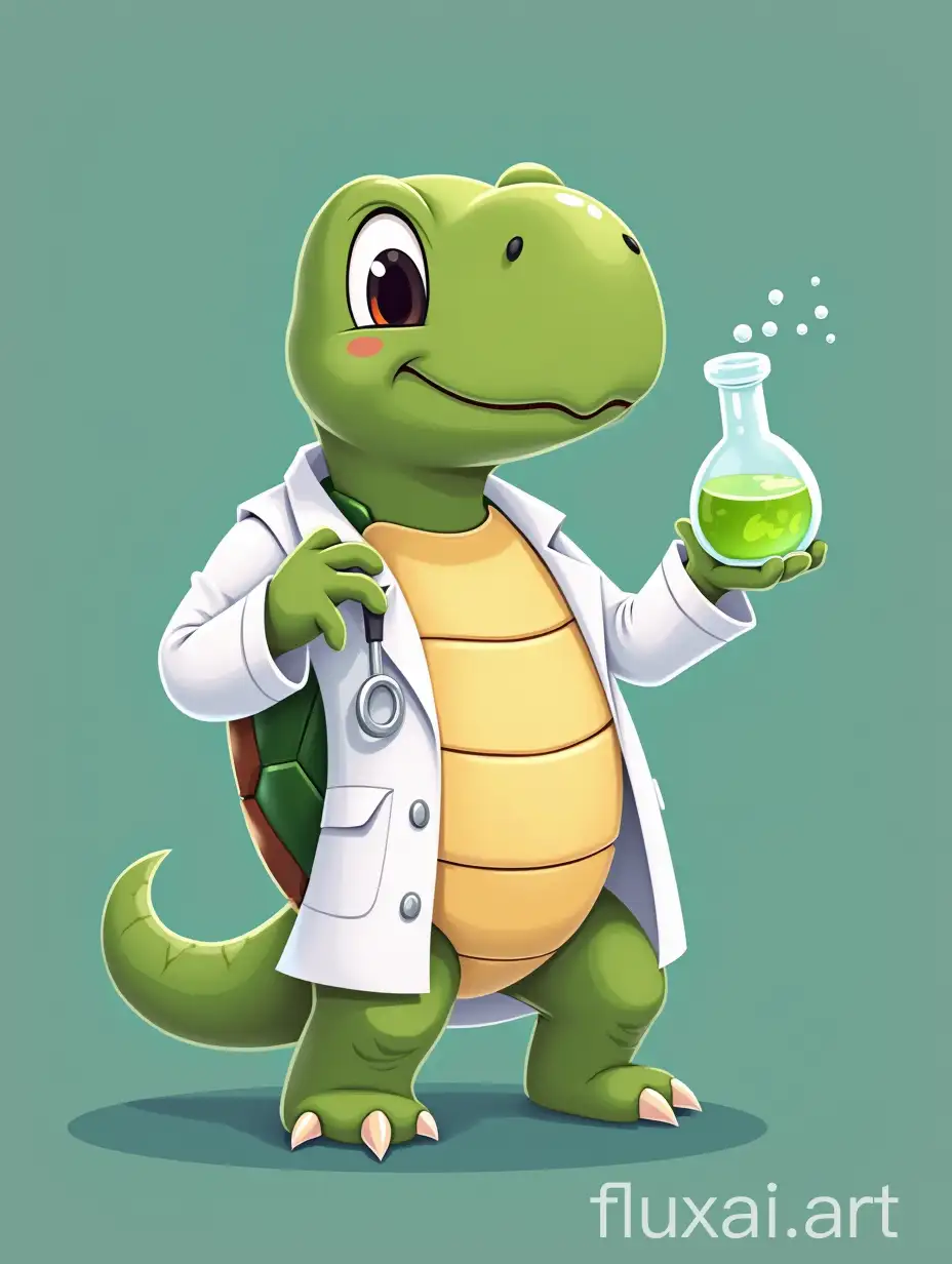 turtle in a white lab coat, holding a medical flask containing green liquid, cartoon style