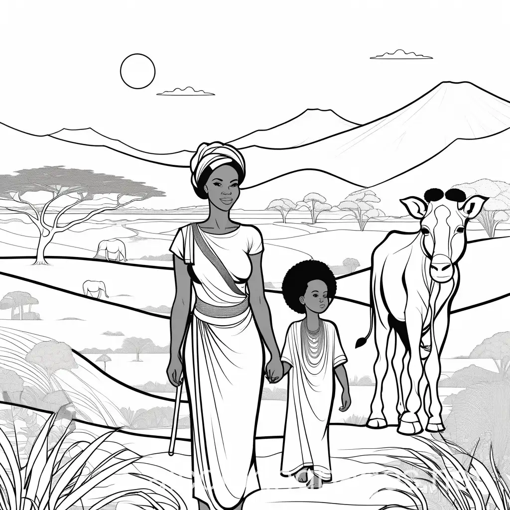 African woman with child in front, safari in the background, Coloring Page, black and white, line art, white background, Simplicity, Ample White Space. The background of the coloring page is plain white to make it easy for young children to color within the lines. The outlines of all the subjects are easy to distinguish, making it simple for kids to color without too much difficulty