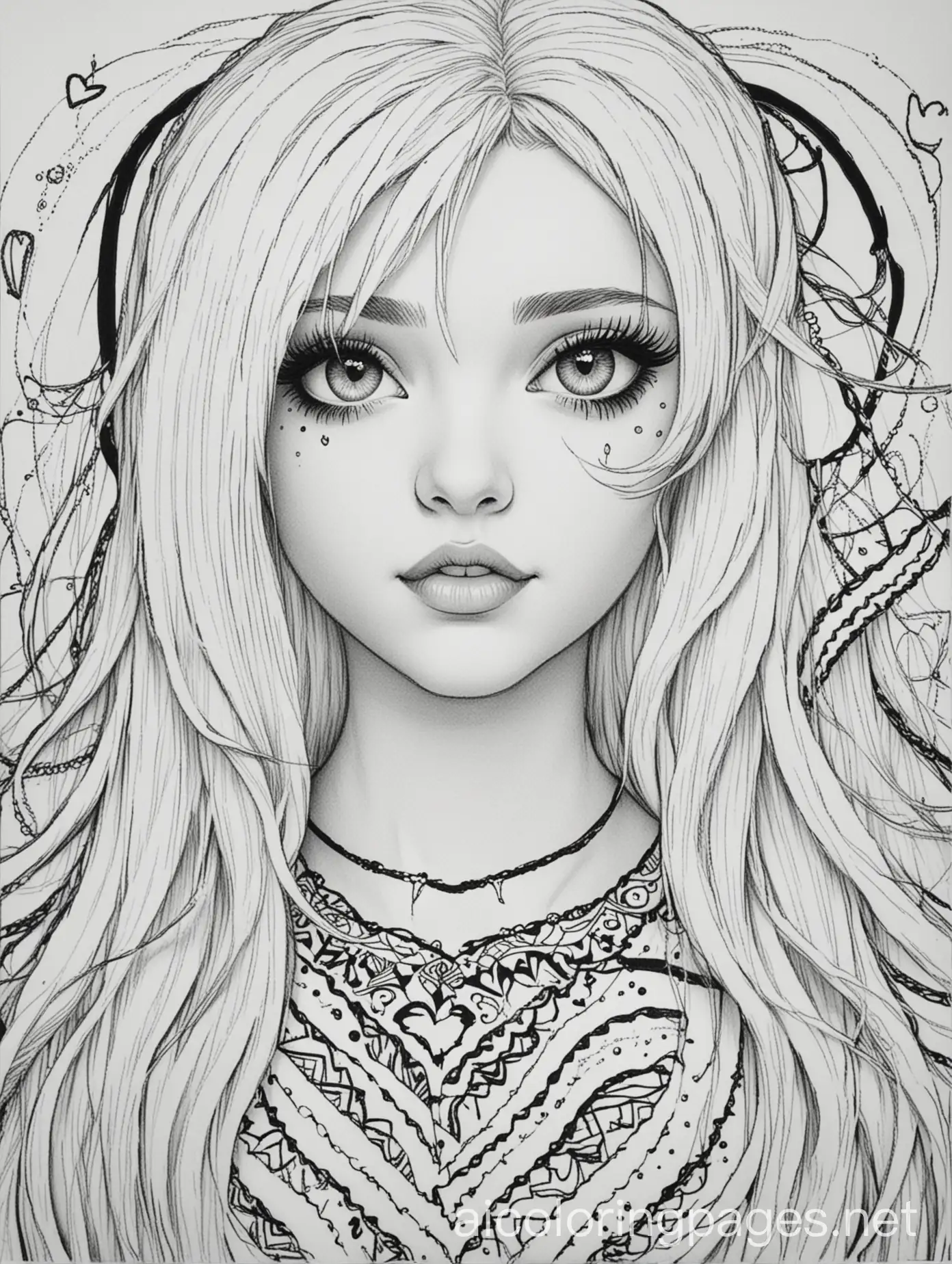 goth, teen, coloring page, black and white, line art, white background, simplicity, ample white space, light hair, heart throb, Coloring Page, black and white, line art, white background, Simplicity, Ample White Space. The background of the coloring page is plain white to make it easy for young children to color within the lines. The outlines of all the subjects are easy to distinguish, making it simple for kids to color without too much difficulty