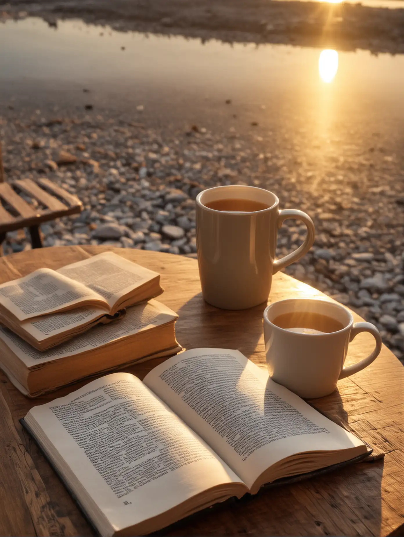 Cup-of-Mug-and-Book-on-Table-with-Sun-Rising-in-the-Background