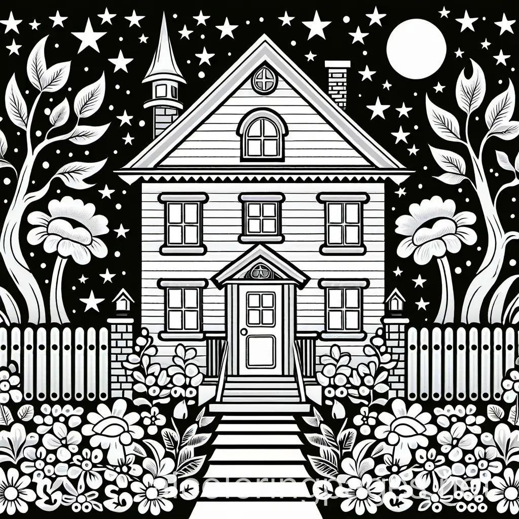 Creepy-Trippy-Black-and-White-House-with-Flower-Night-Scene