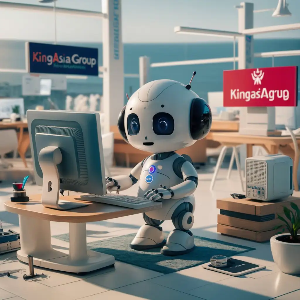 a cute little robot in an office by the sea, next to KingAsiaGroup and MiidAI signs, is using information security solutions