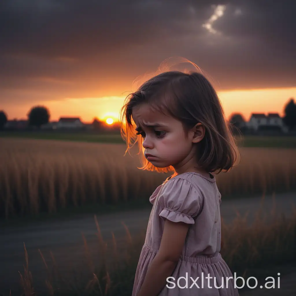 A little girl feeling gloomy in the sunset