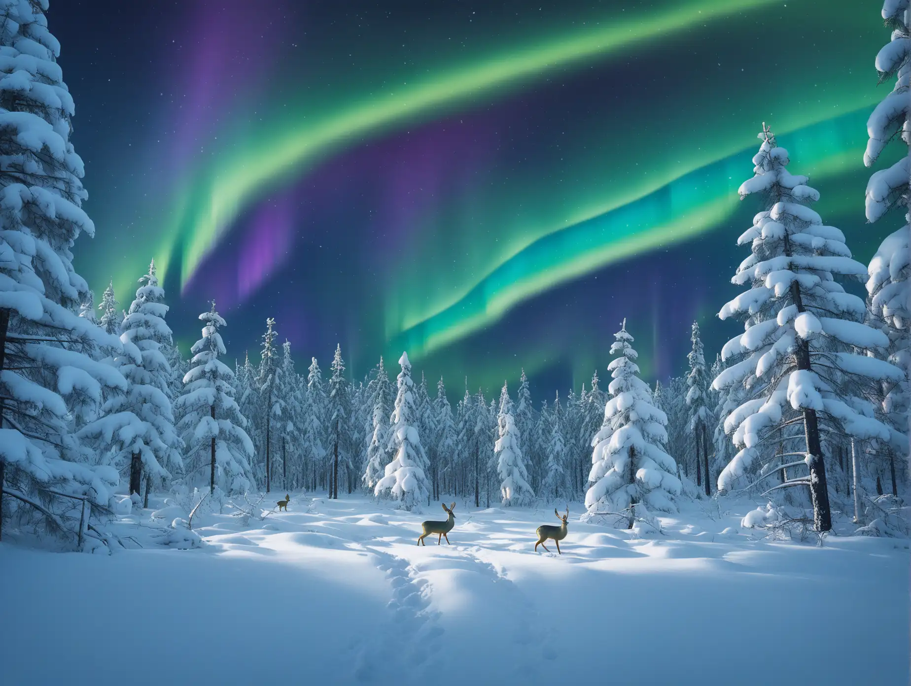 Serene-Lapland-Forest-at-Night-with-Aurora-Borealis-and-Wildlife-Tracks