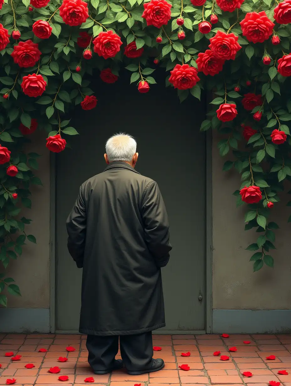 Old-Chinese-Man-Surrounded-by-Blooming-Red-Roses-and-Petals