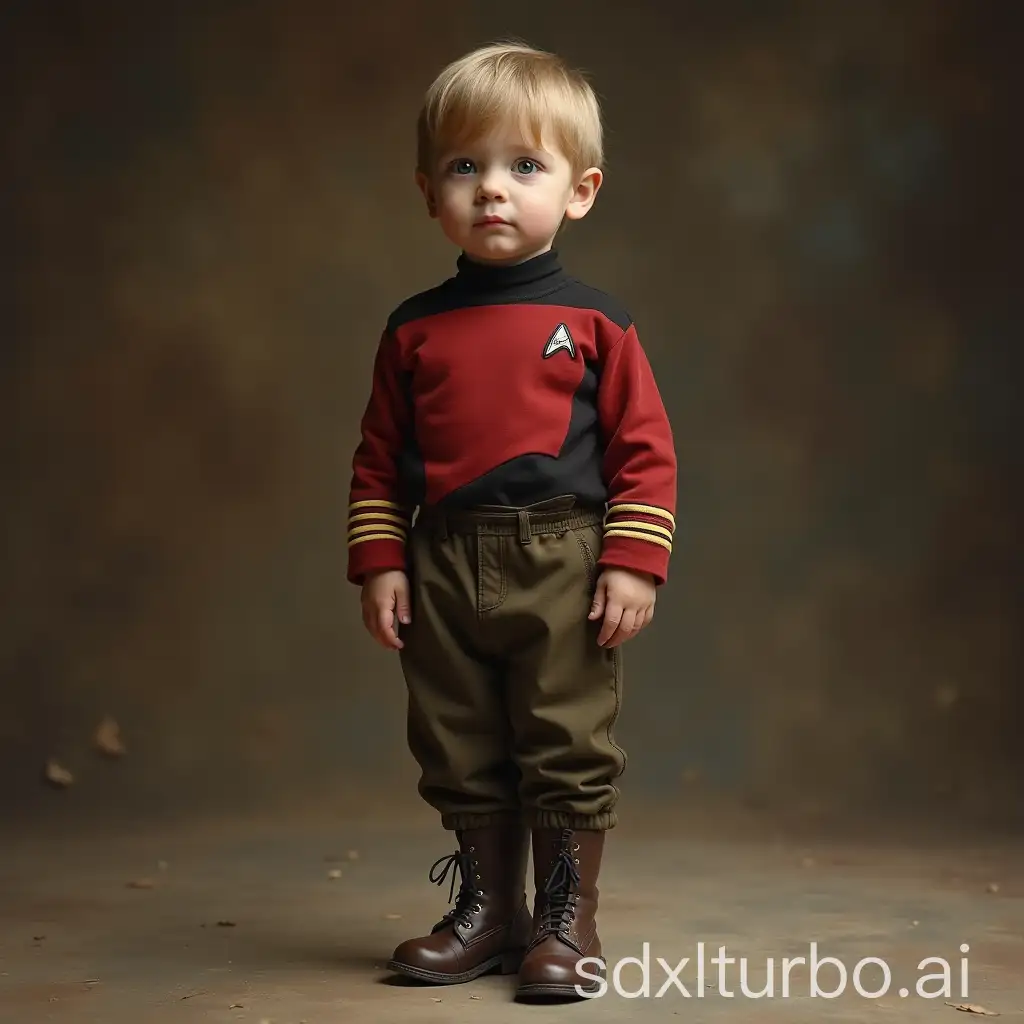 Jean-Luc Picard as child wearing clothes and shoes in 1920 style