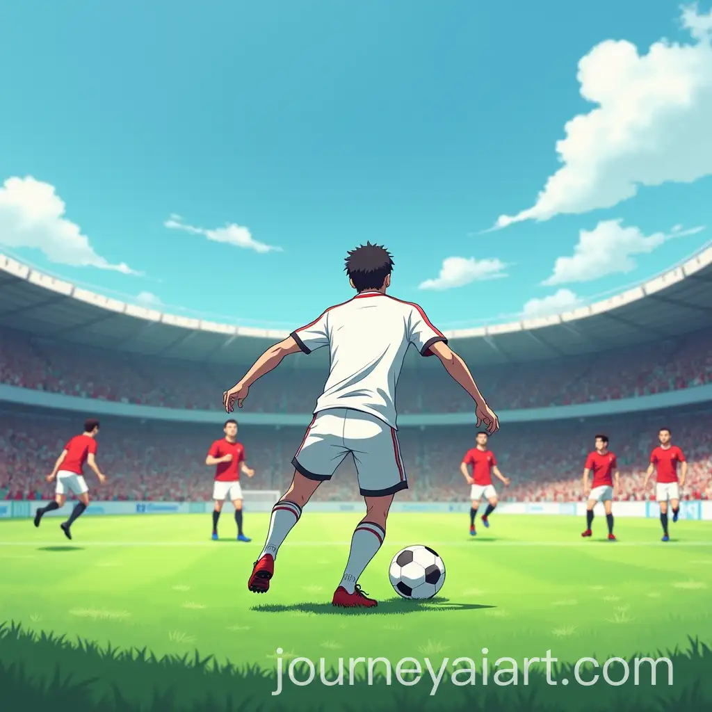 Iranian-Football-Player-in-White-Shirt-Shooting-Ball-at-New-Camp-Stadium-with-Red-Opponents-in-Anime-Style
